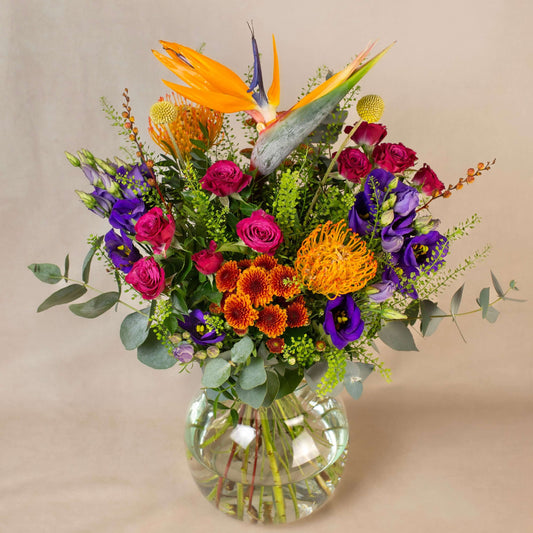 Bright vibrant flowers colourful bouquet birthday delivery gift bird of paradise roses tropical