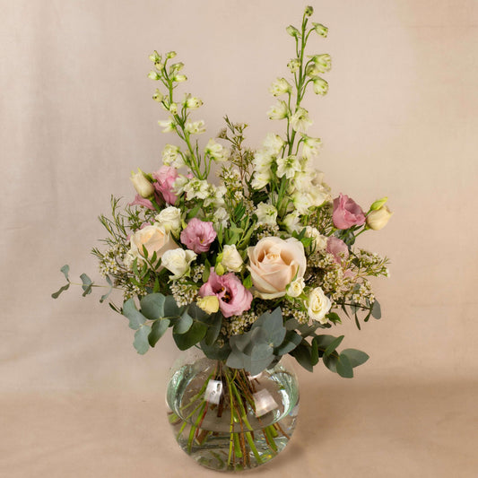 White pink pastel eucalyptus flowers bouquet in vase gift delivery birthday new baby