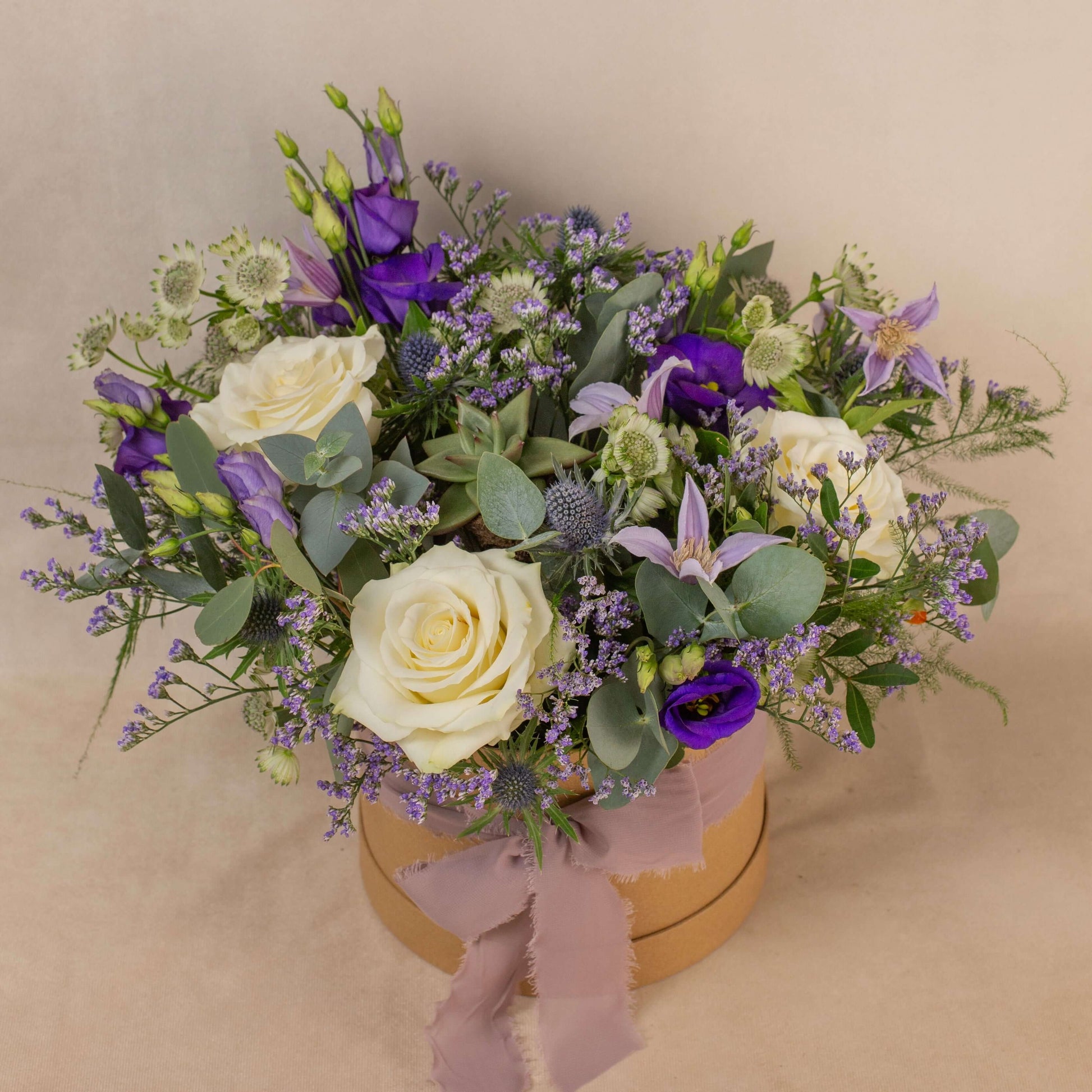 Flowers arrangement Scottish thistles whites purples floral arrangement gift natural wild roses succulent box