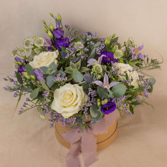 Flowers arrangement Scottish thistles whites purples floral arrangement gift natural wild roses succulent box