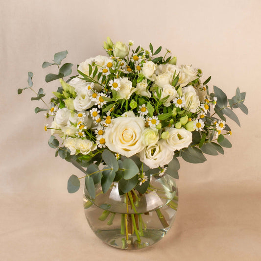 White flowers green roses lisianthus bouquet sympathy birthday anniversary funeral