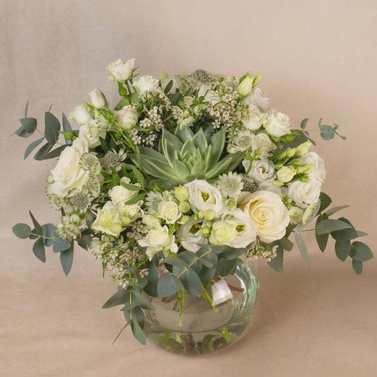 White green flowers roses succulent lisianthus sympathy graduation sympathy bouquet delivery 